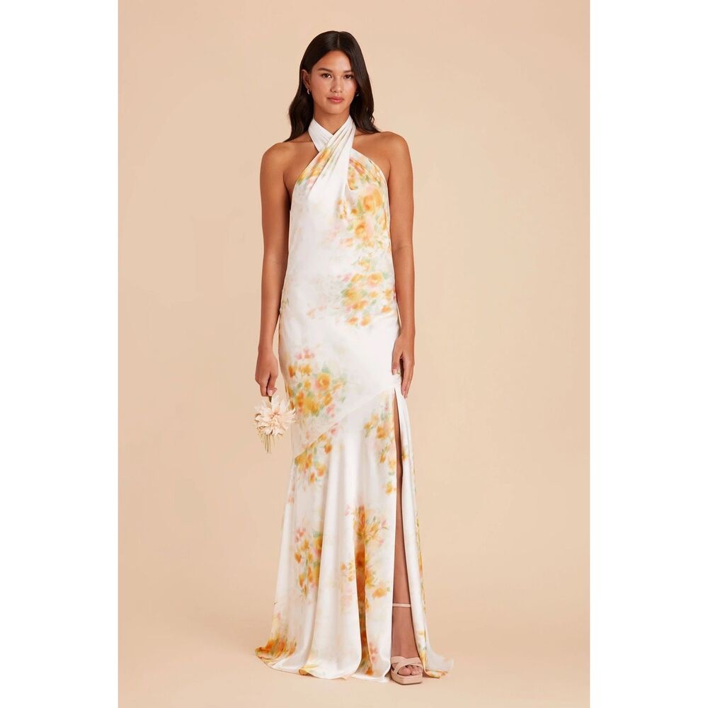 Birdy Grey Stephanie Halter Maxi Dress in Matte Satin White Blurred Floral XS
